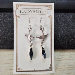 Silver Swallow Earrings With Blue Gems